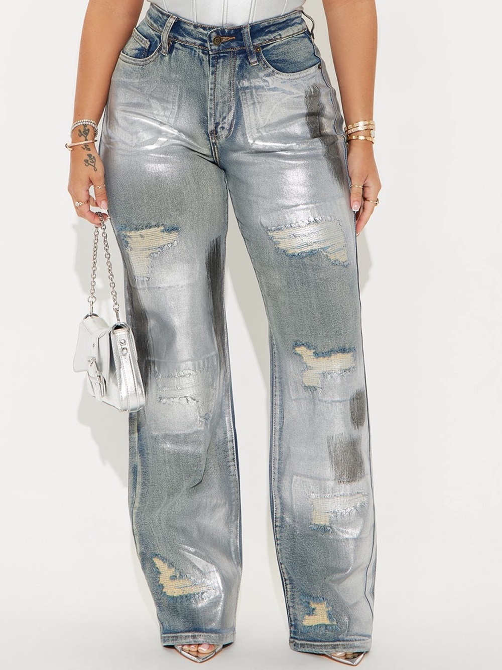 Fashion Nova Silver Metallic Distressed Straight Leg Jeans Women’s